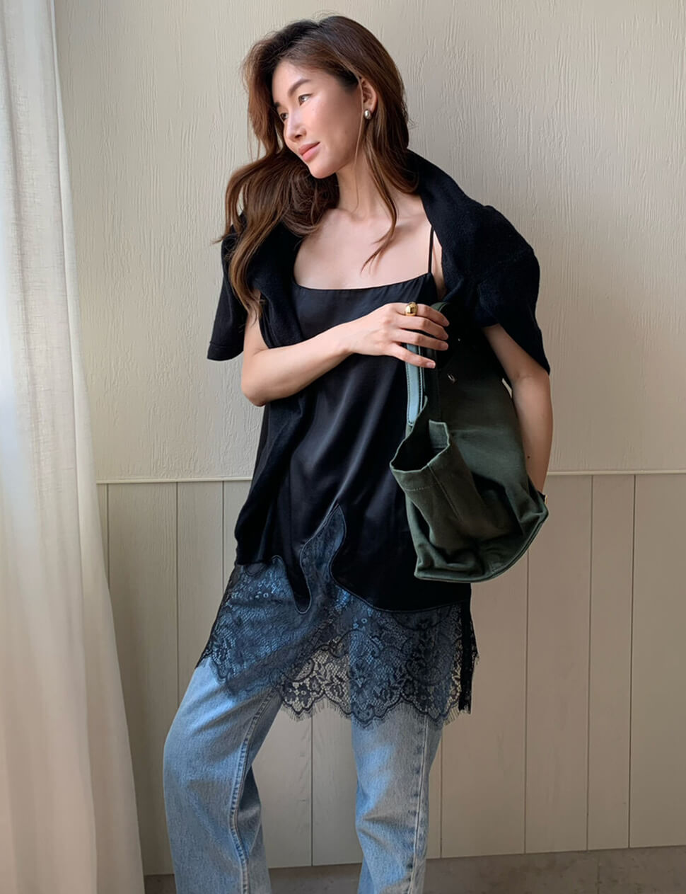 Black Lace Hem Satin Tank -PREORDER