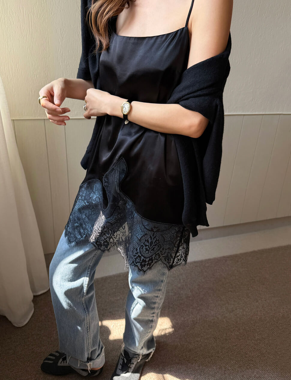 Black Lace Hem Satin Tank -PREORDER