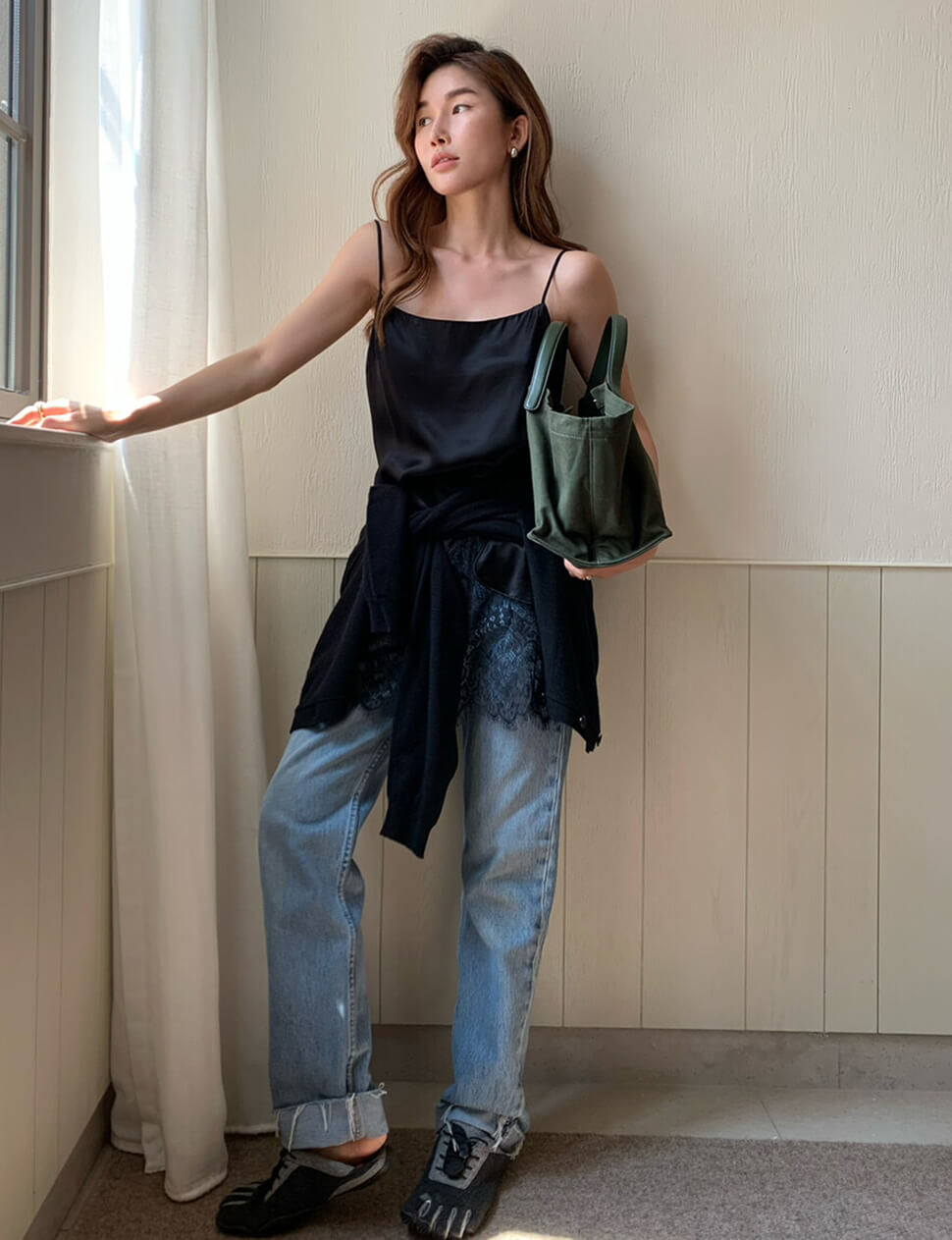 Black Lace Hem Satin Tank -PREORDER