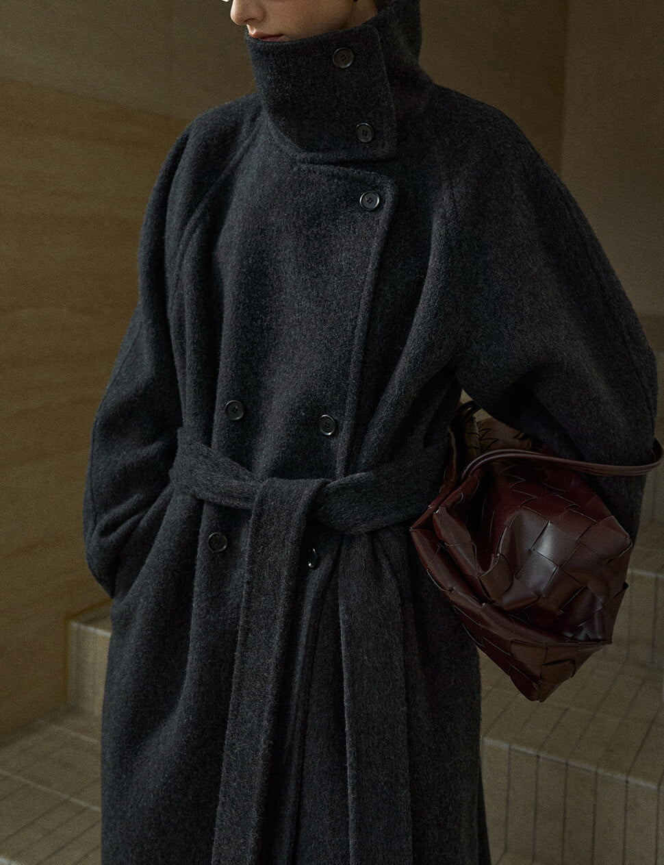 Grey Wool Funnel Neck Long Coat