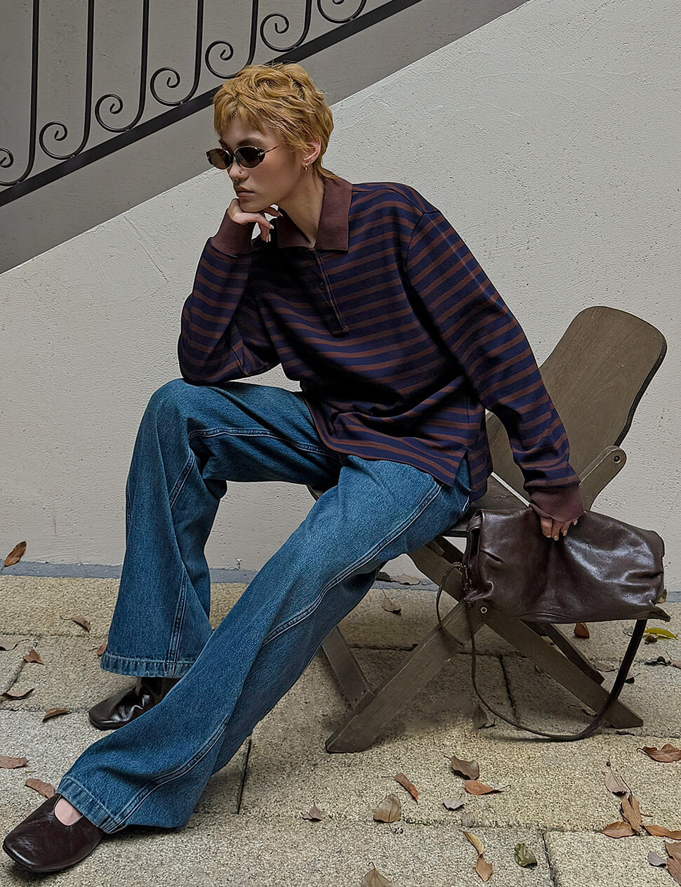 Brown and Navy Striped Knit Polo