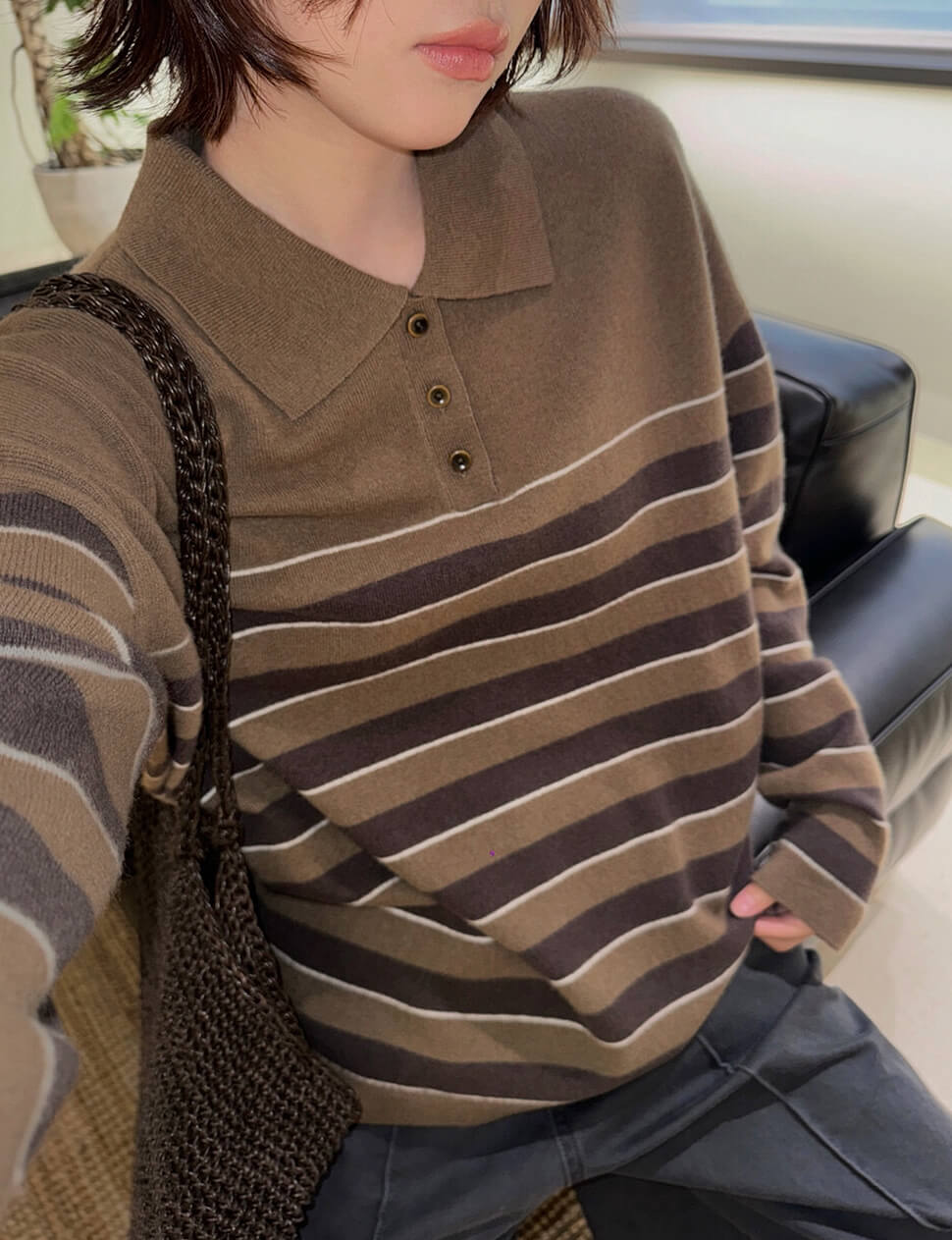 Brown Stripe Polo Collar Sweater