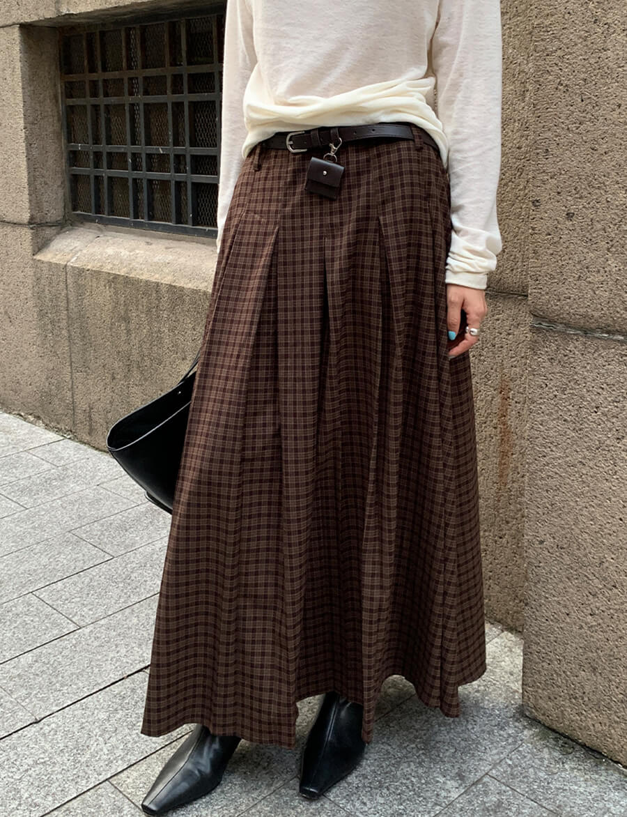 Brown Plaid Belted Skirt