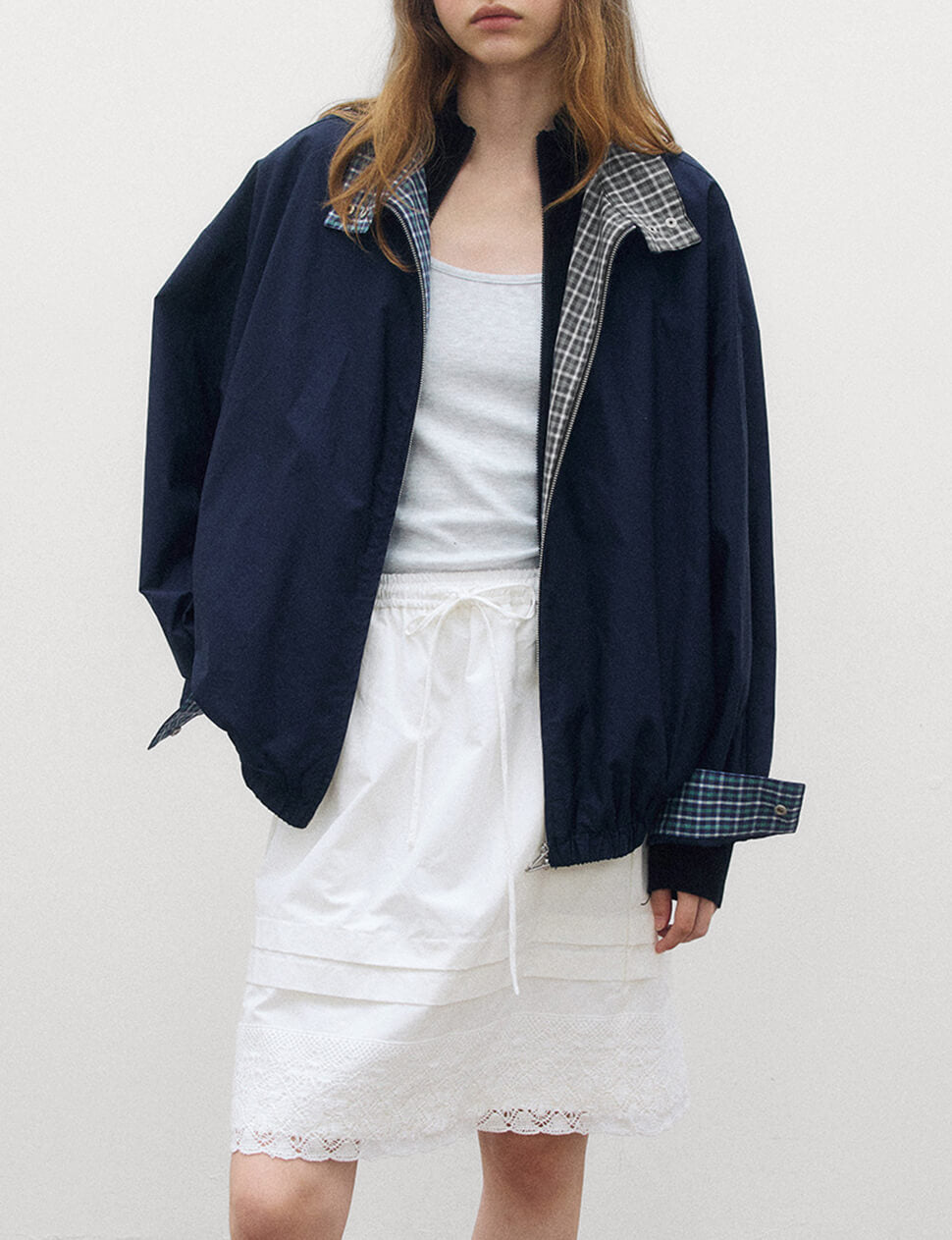Navy Plaid Bomber Jacket
