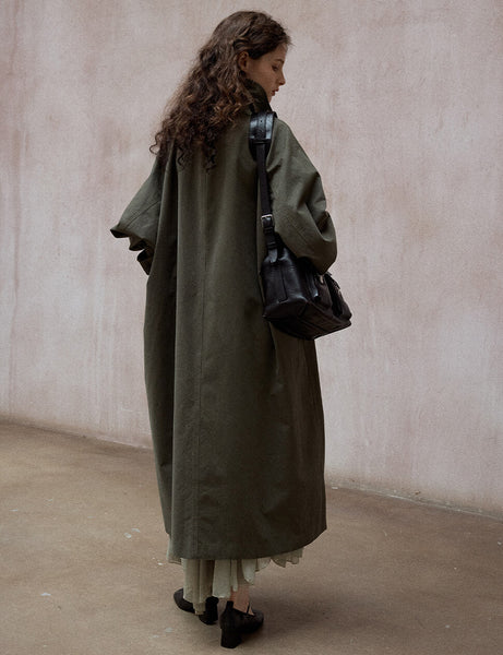 Olive-Stand Collar Long Trench Jacket