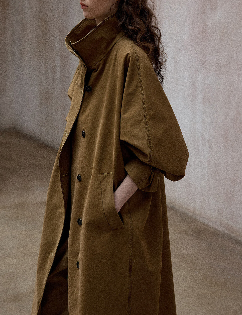 Toffee-Stand Collar Long Trench Jacket