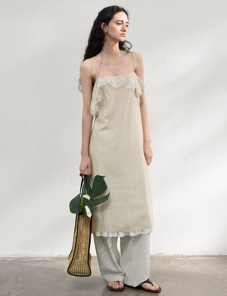 knee length dresses for ladies Beige Paisley Lace Ribbon Detail Dress – Vintage Cottagecore