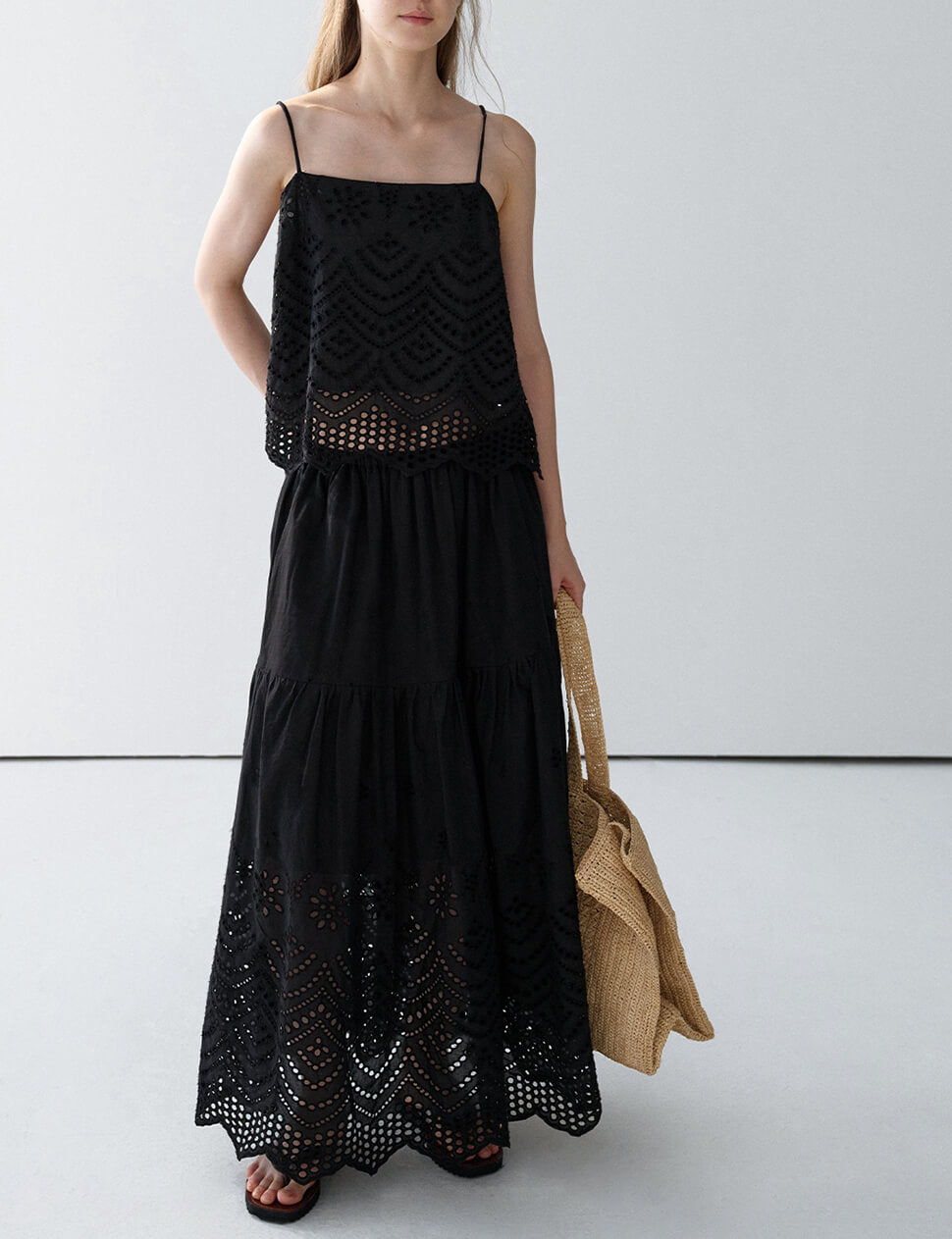 Black Cotton Eyelet Midi Skirt