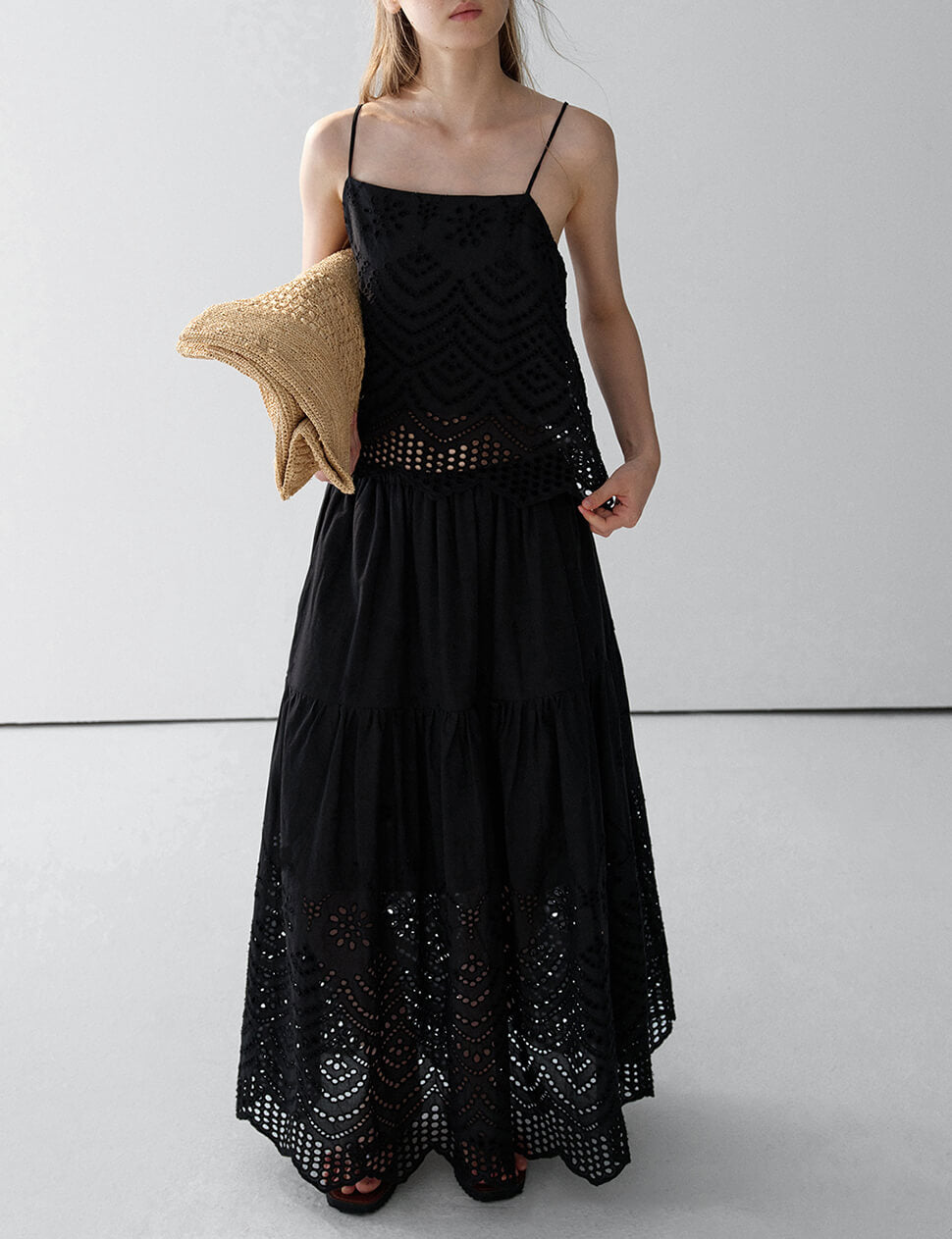 Black Cotton Eyelet Midi Skirt