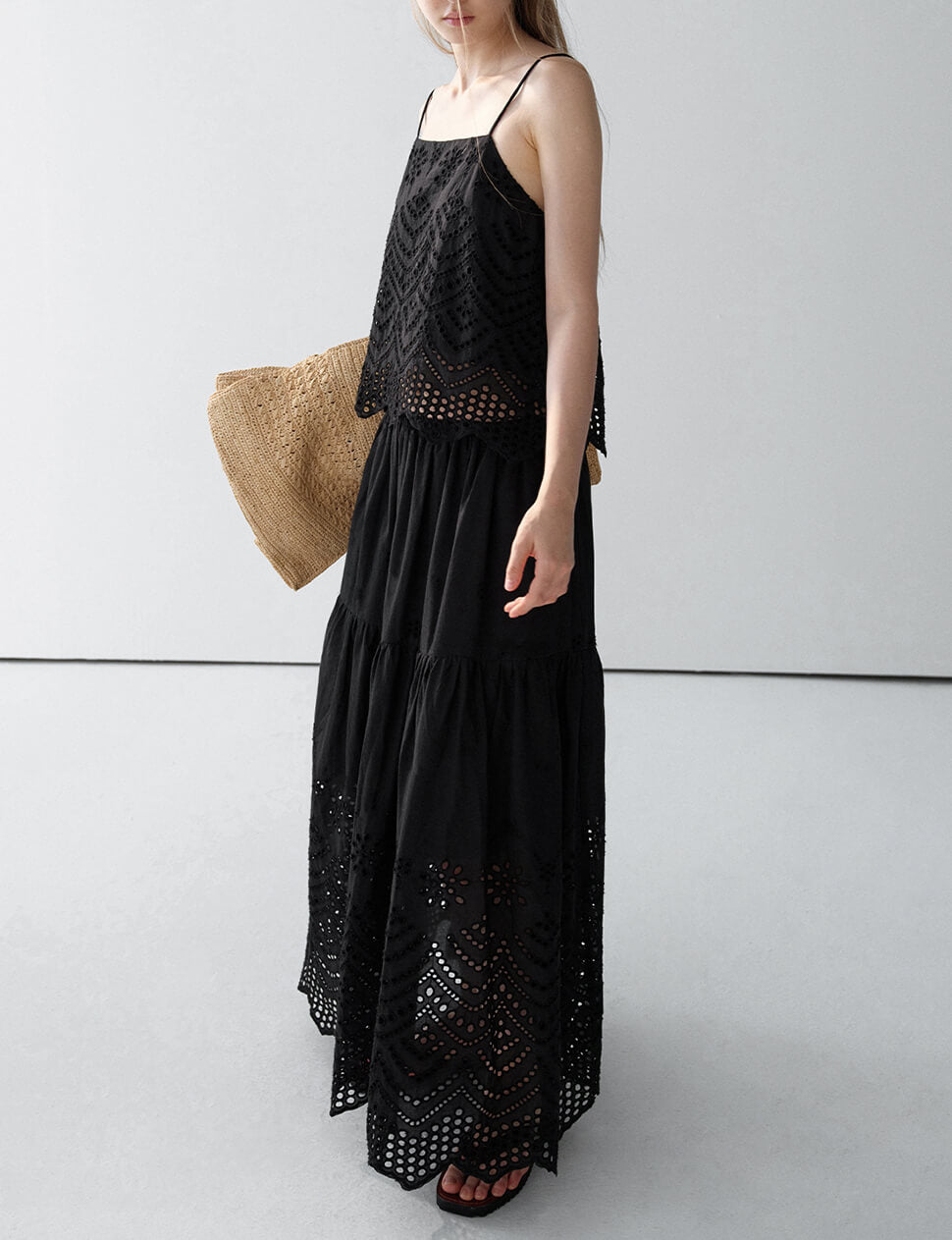 Black Cotton Eyelet Midi Skirt