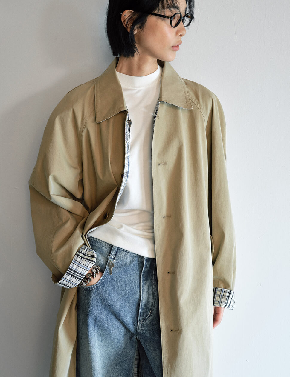 Khaki Plaid Reversible Trench Coat