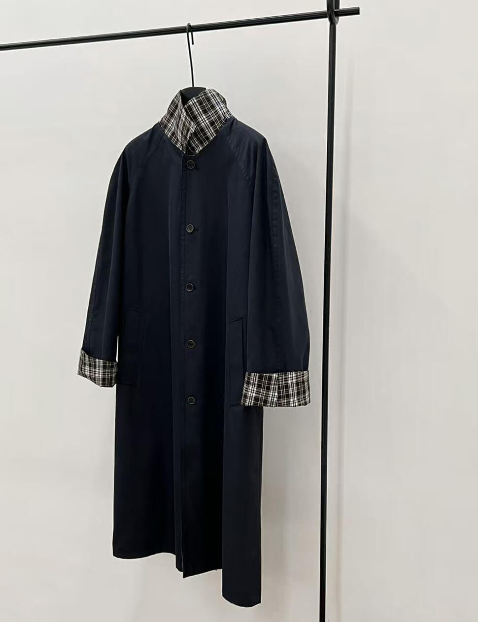 Navy Plaid Reversible Trench Coat-