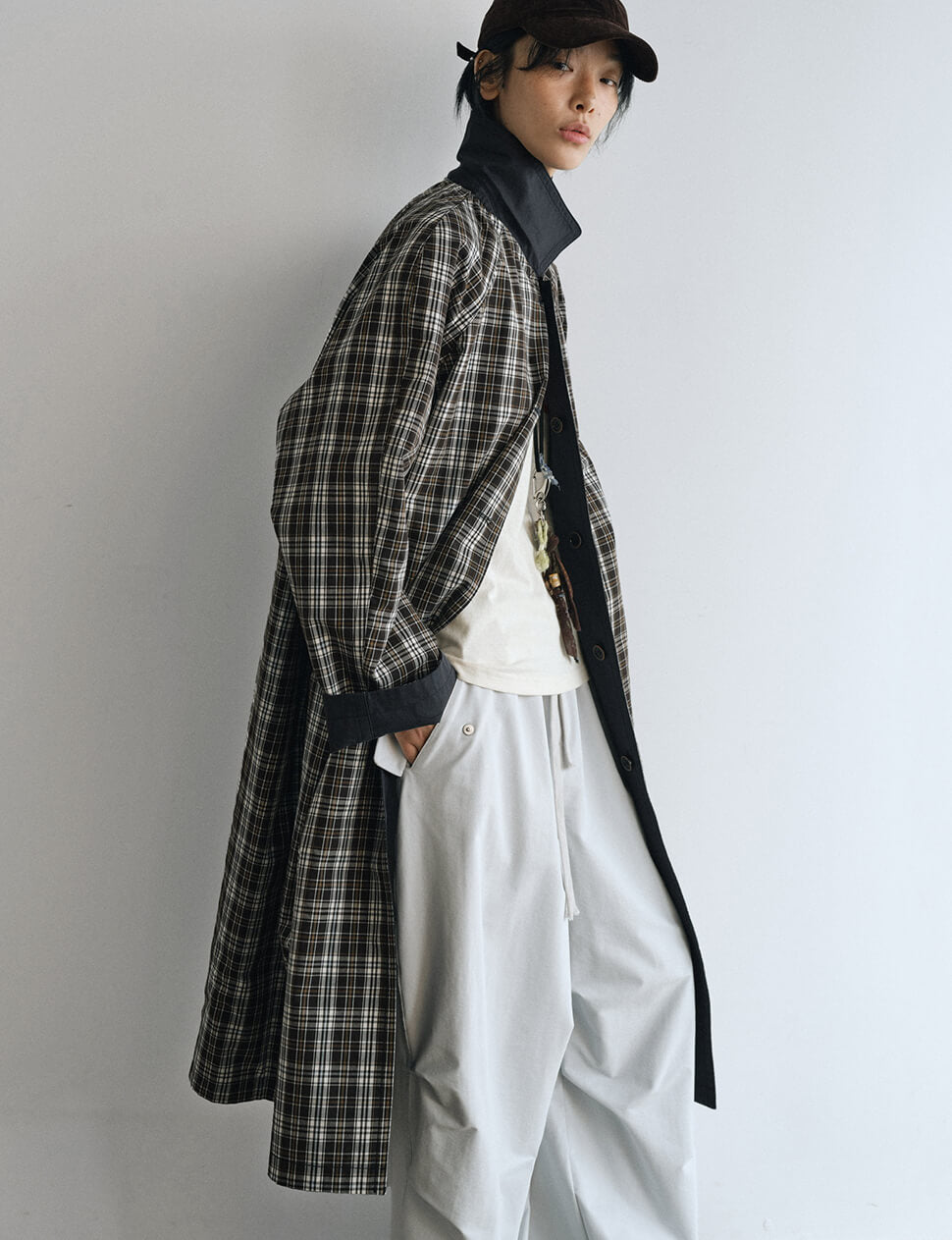 Navy Plaid Reversible Trench Coat-