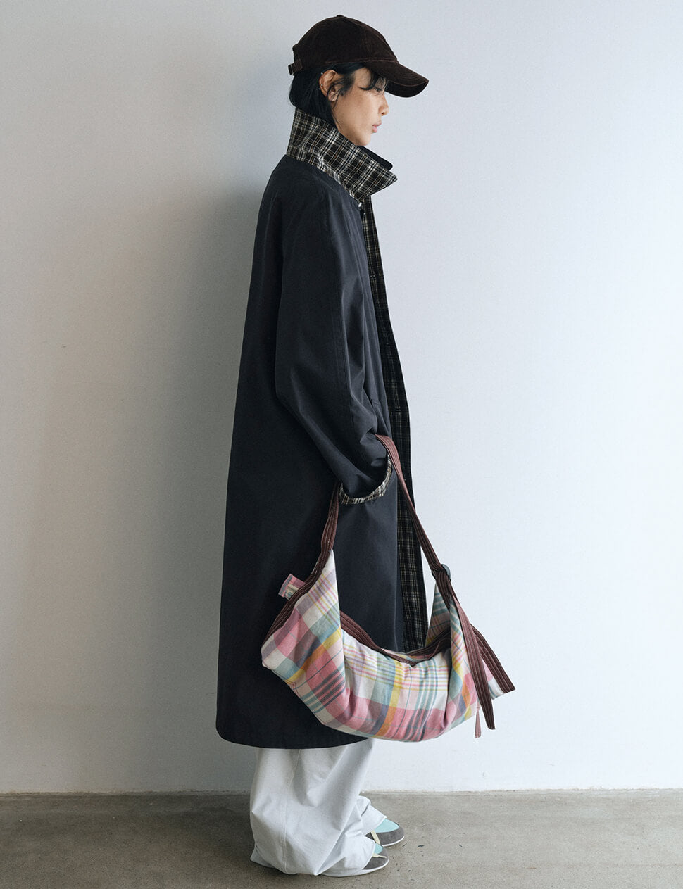 Navy Plaid Reversible Trench Coat-