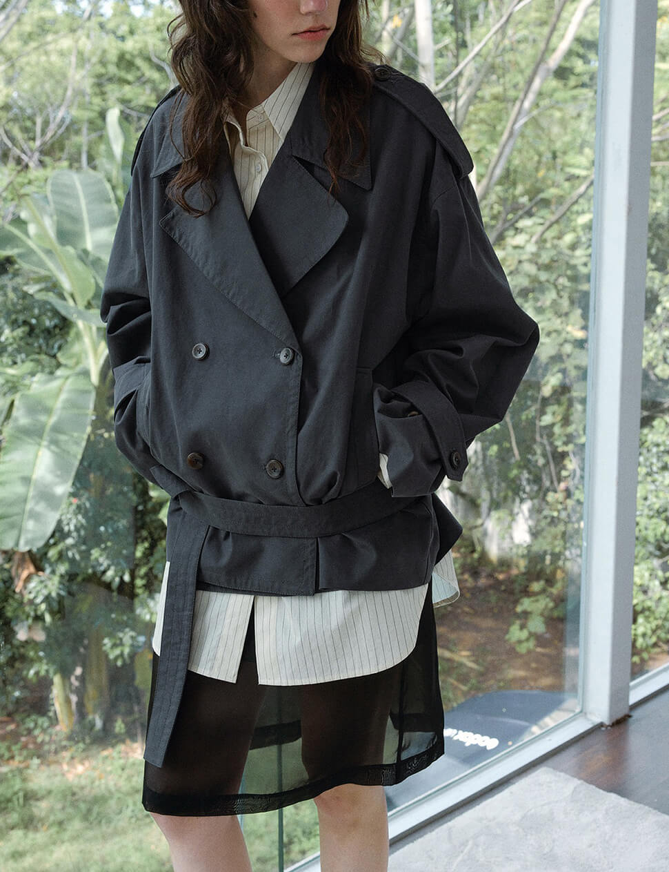 Charcoal Oversized Crop Trench-PREORDER