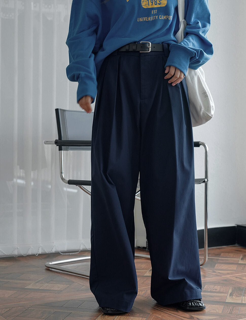 Navy Wide Leg Twill Pants