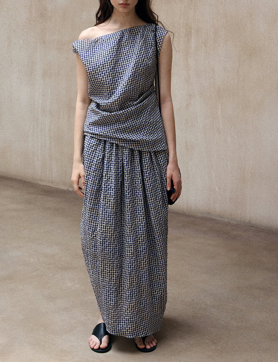 Gingham Asymmetric Draped Top