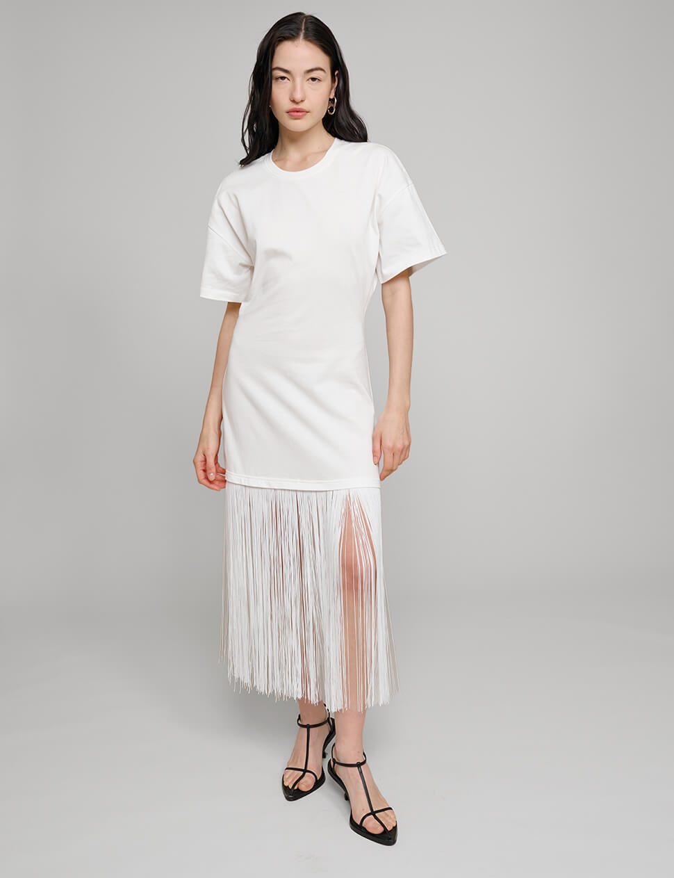 White Fringe Cotton Tee Dress