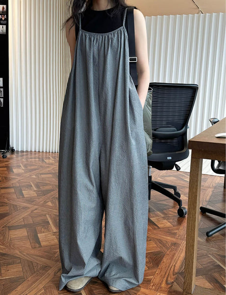 Sky Blue Striped Crinkled Cotton Strap Sleeve Jumpsuit