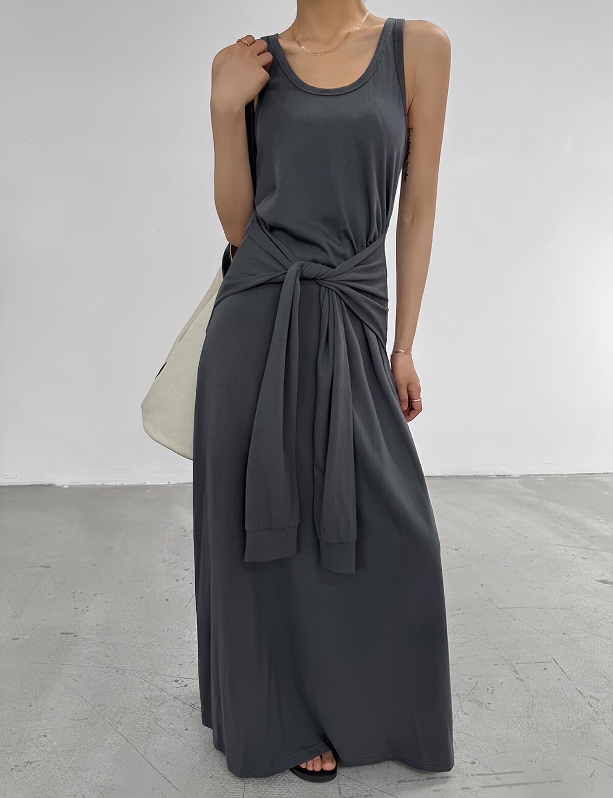 Sleeve Waist-Tie Jersey Maxi Dress