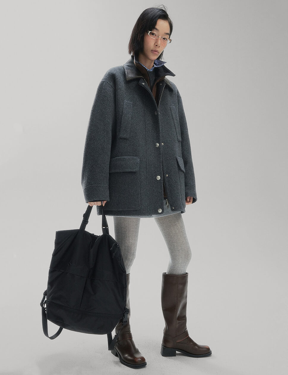 Oversized Wool Leather Collar Coat