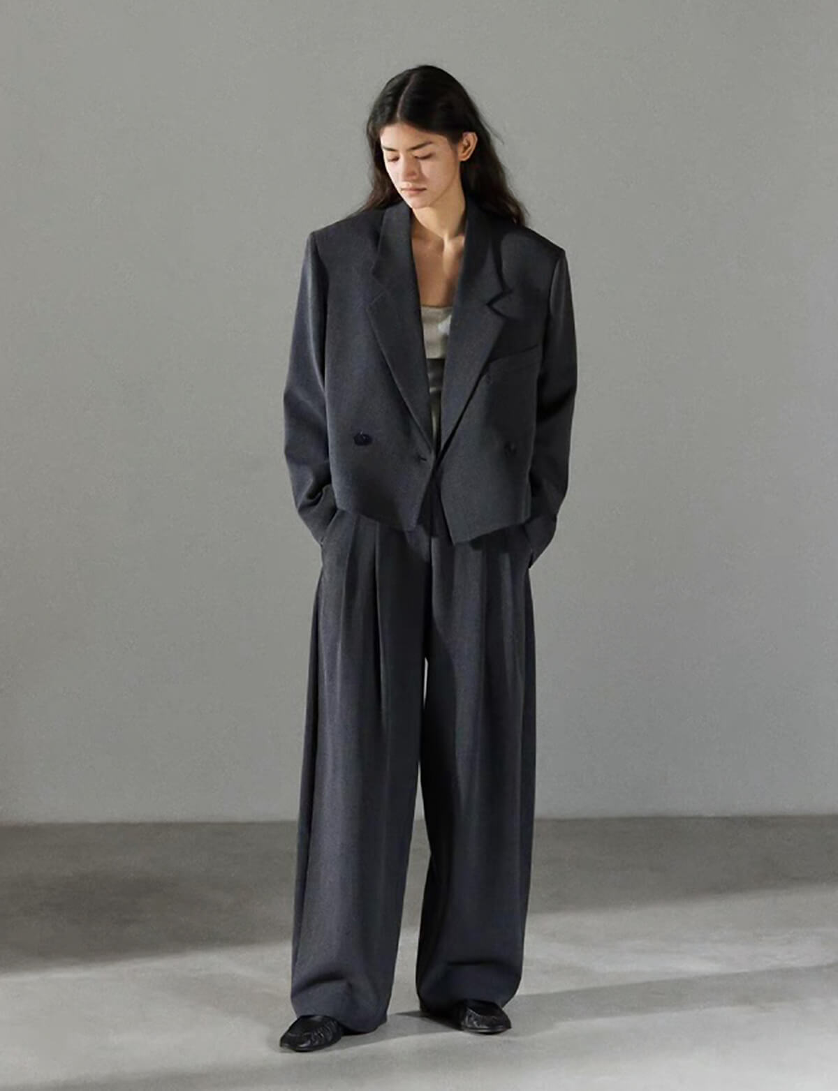 Dani Cropped Boxy Blazer in Charcoal