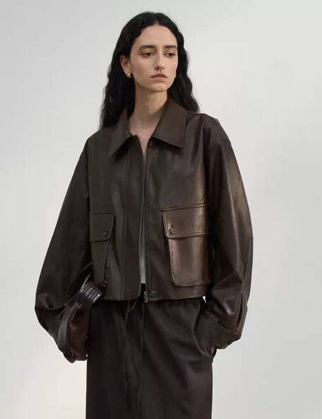 Brown Patch Pocket Leather Jacket