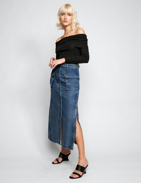 【BAON】Cotiva Raw Denim Cargo Long Skirt dakotah-raw-hem-long-denim-