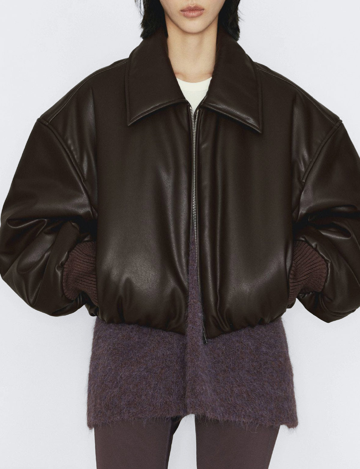 Brown Faux-Leather Bomber Jacket