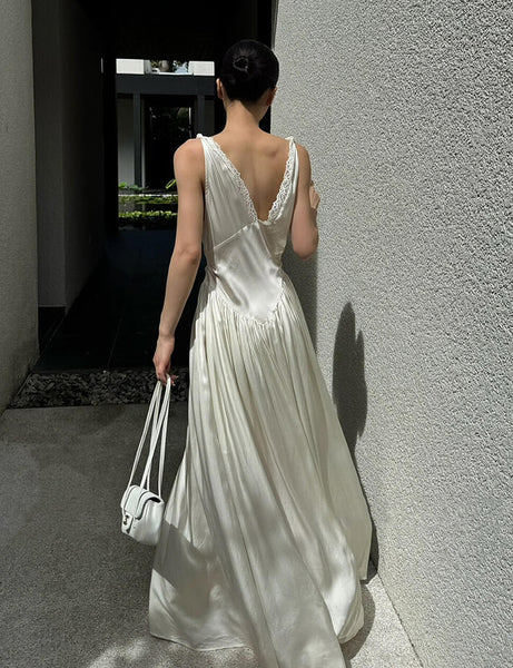 Cream Satin Lace Trim Maxi Dress Cream Satin Lace Trim Maxi Dress