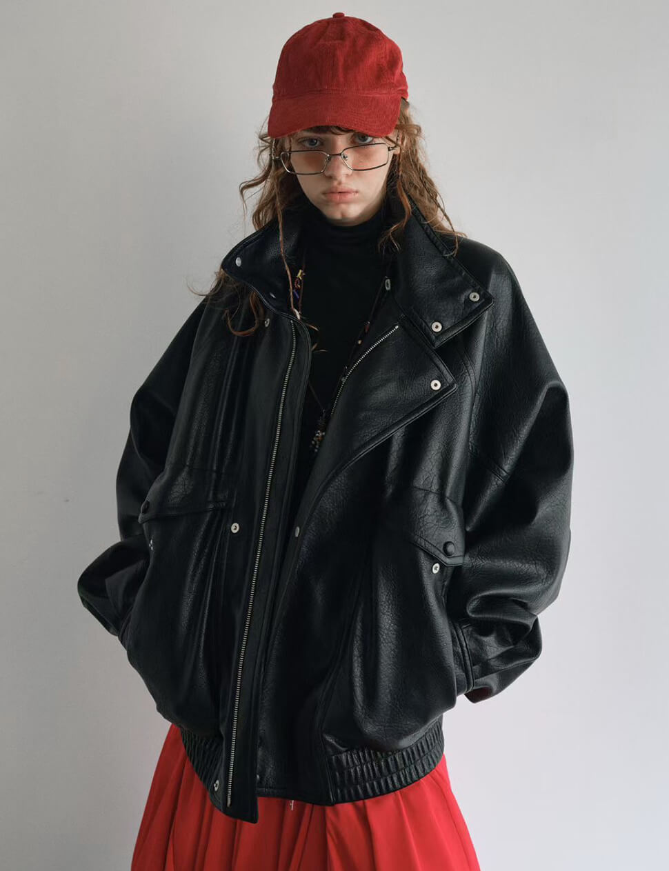 Black Funnel Neck Leather Jacket-PREORDER