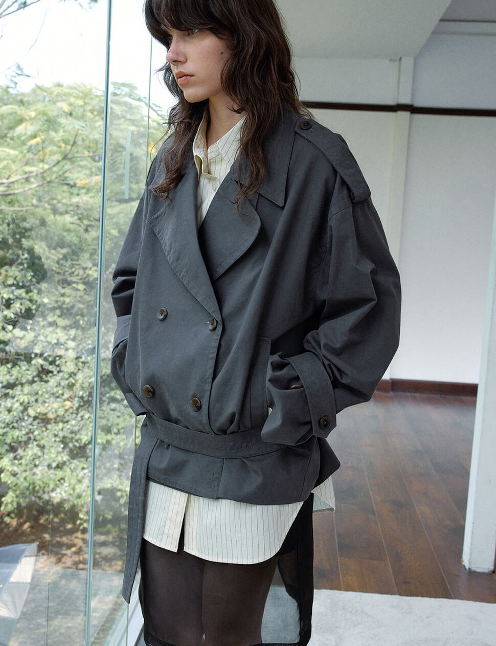 Charcoal Oversized Crop Trench-PREORDER