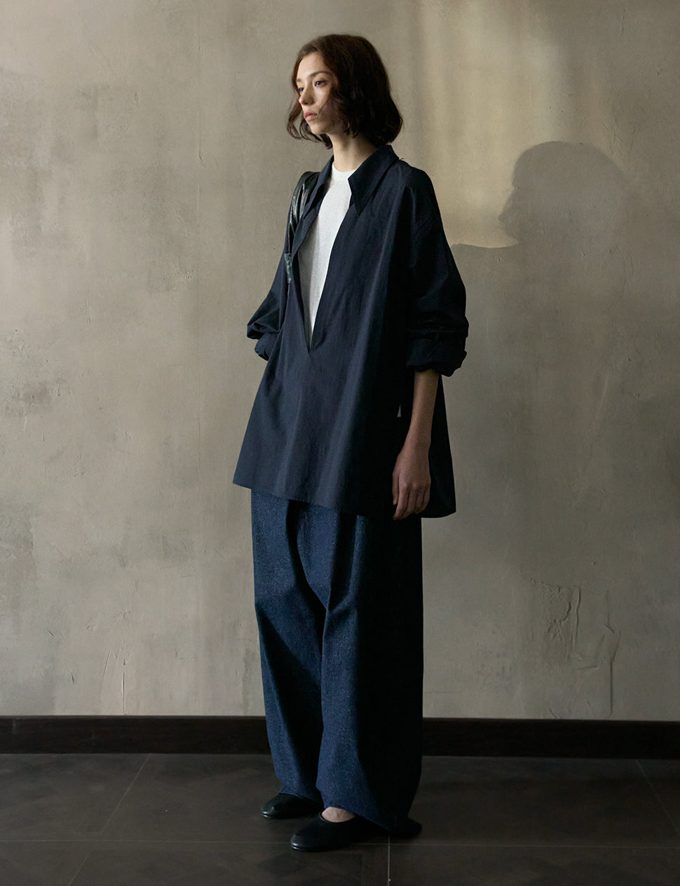 Navy Deep-V Collar Shirt