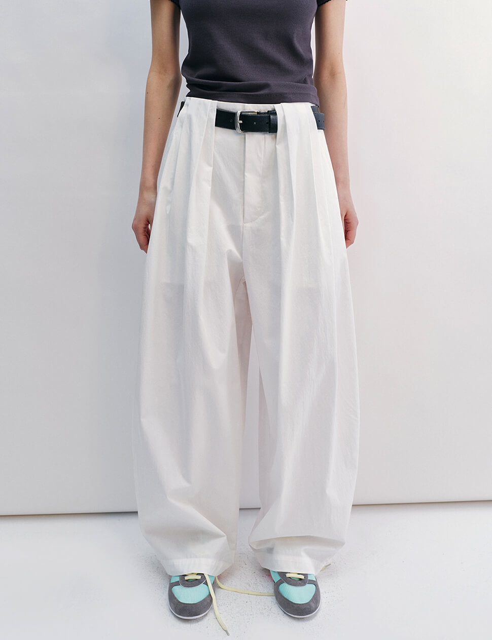 White Pleated Barrel Leg Pants