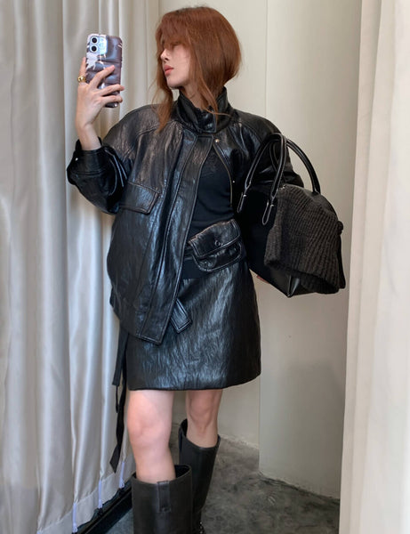 Black High-Neck Leather Jacket