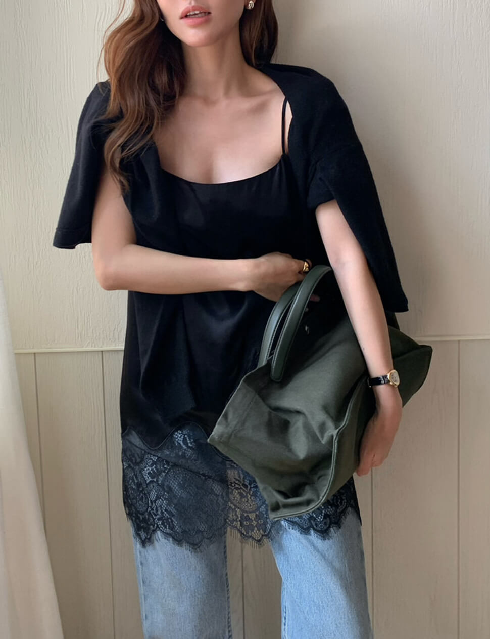 Black Lace Hem Satin Tank -PREORDER