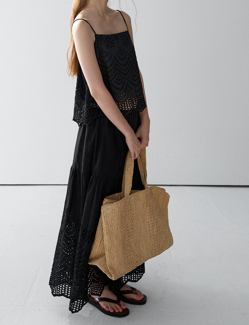 Black Cotton Eyelet Midi Skirt