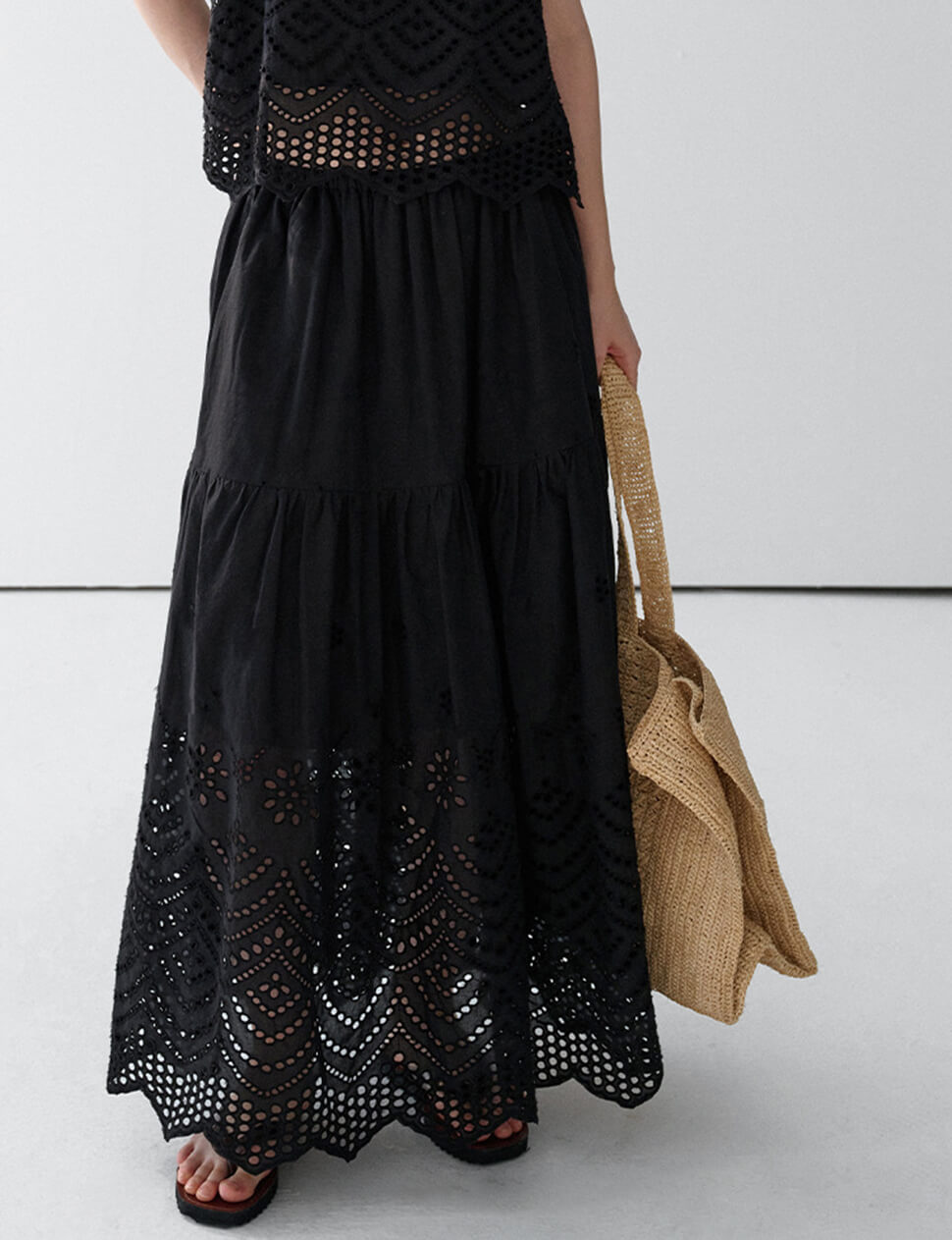 Black Cotton Eyelet Midi Skirt