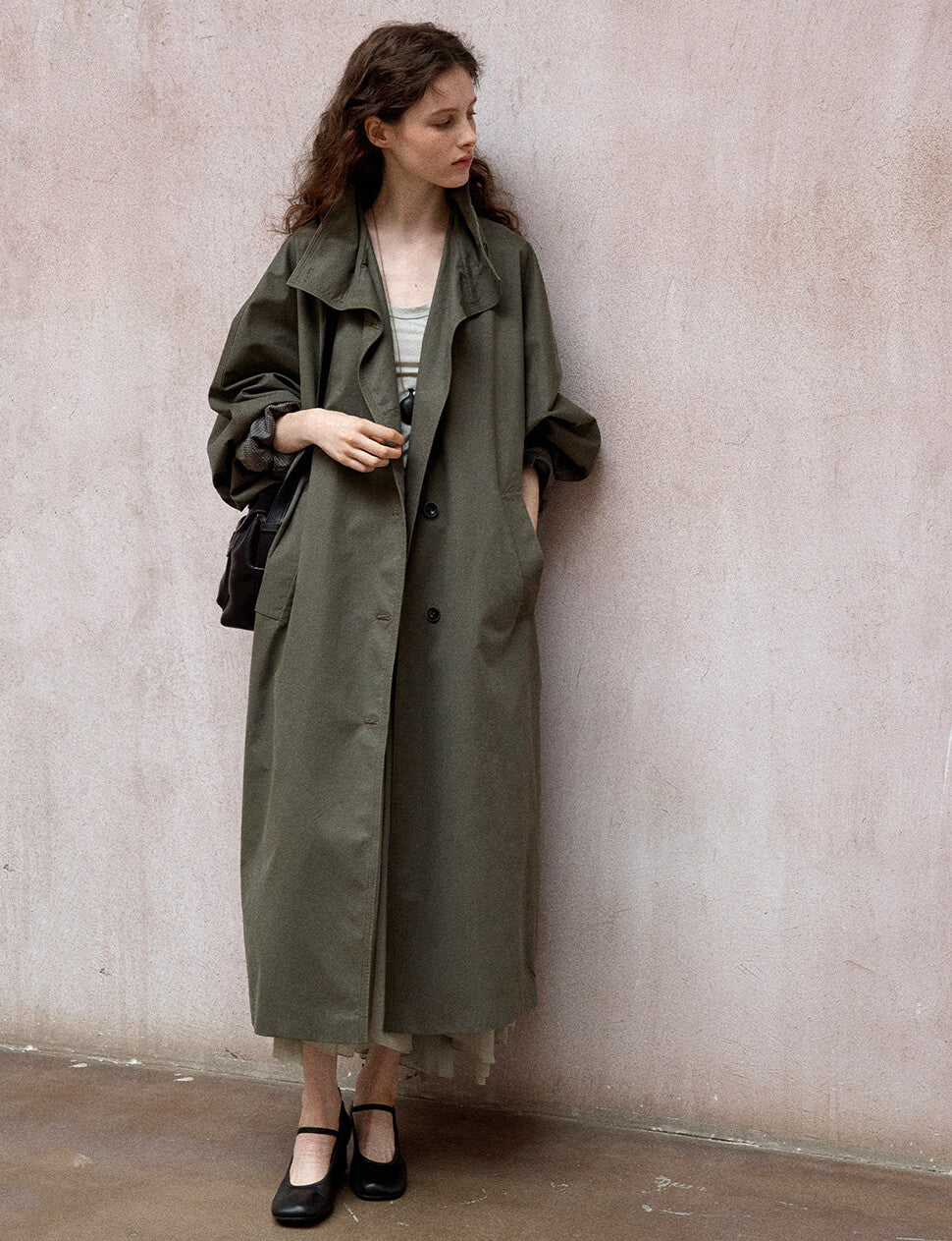 Olive-Stand Collar Long Trench Jacket