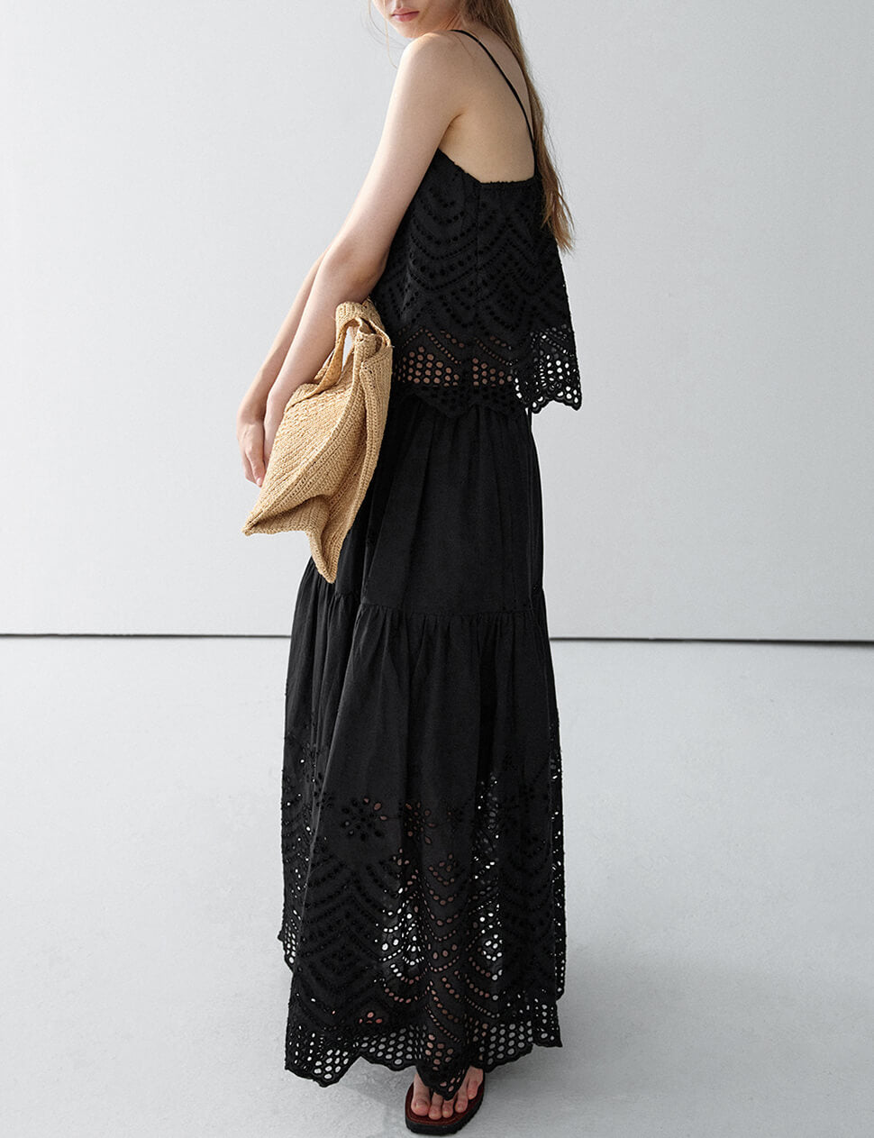 Black Cotton Eyelet Midi Skirt