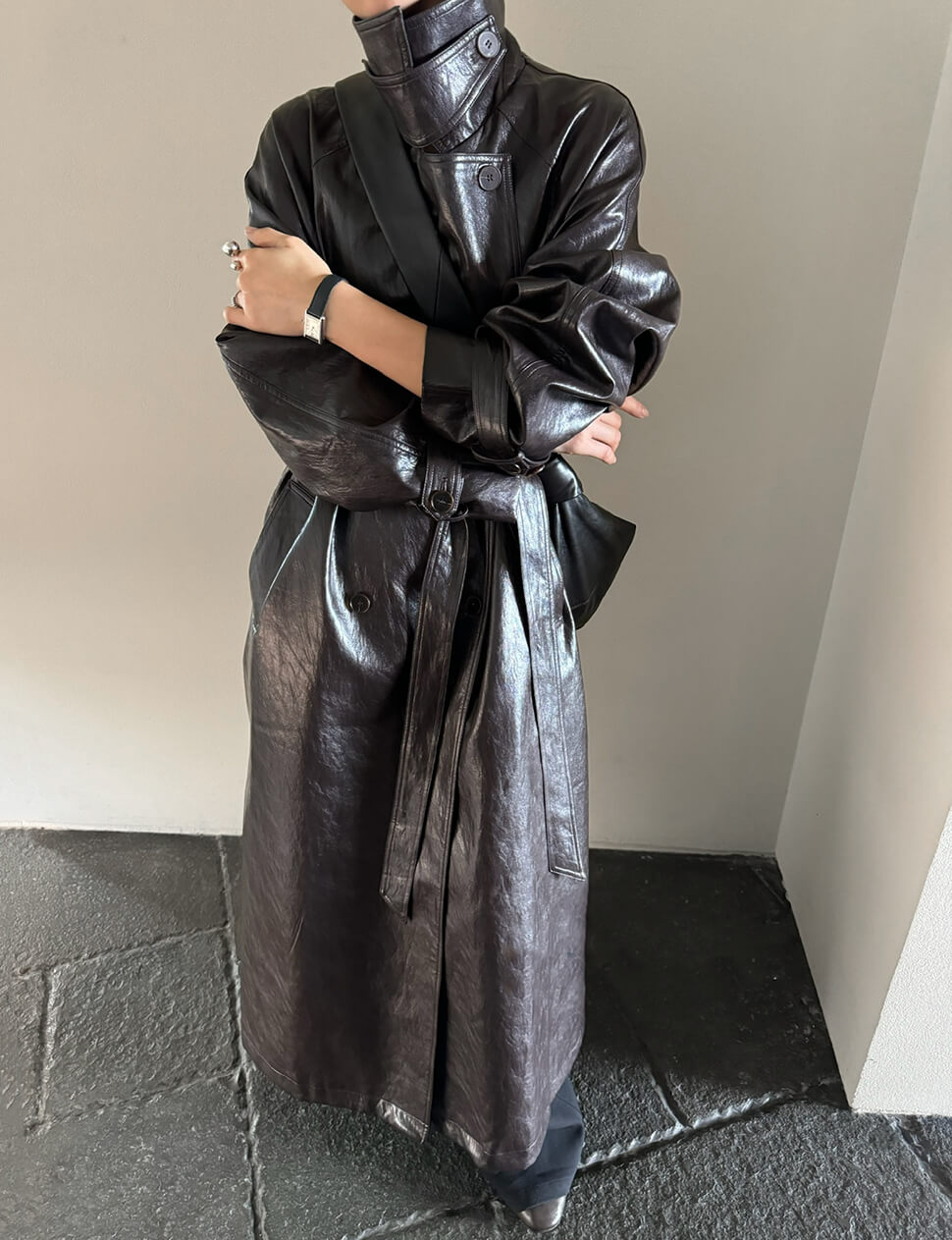 Oversized Leather Funnel-Neck Coat