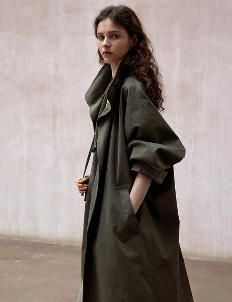 Olive-Stand Collar Long Trench Jacket