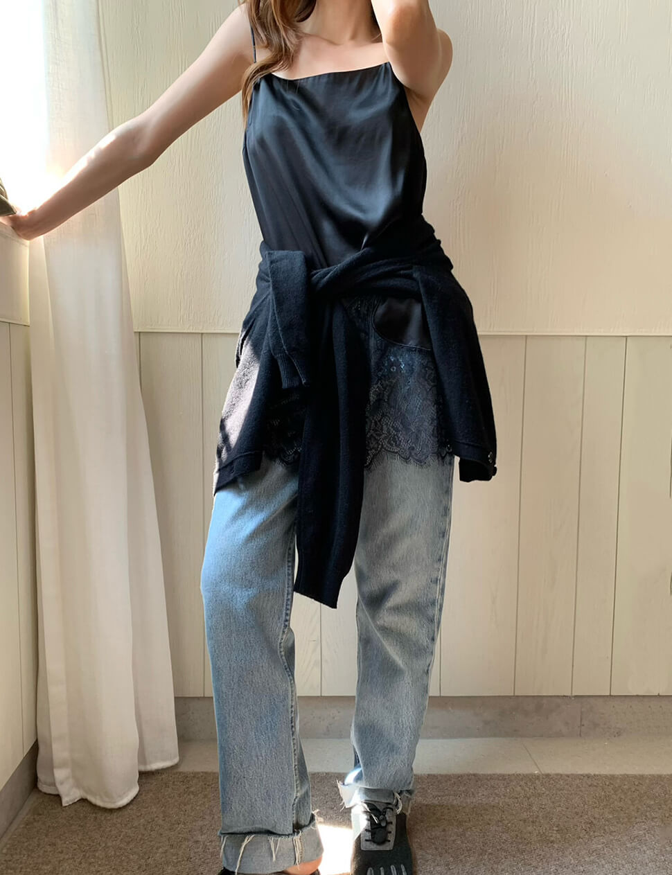 Black Lace Hem Satin Tank -PREORDER