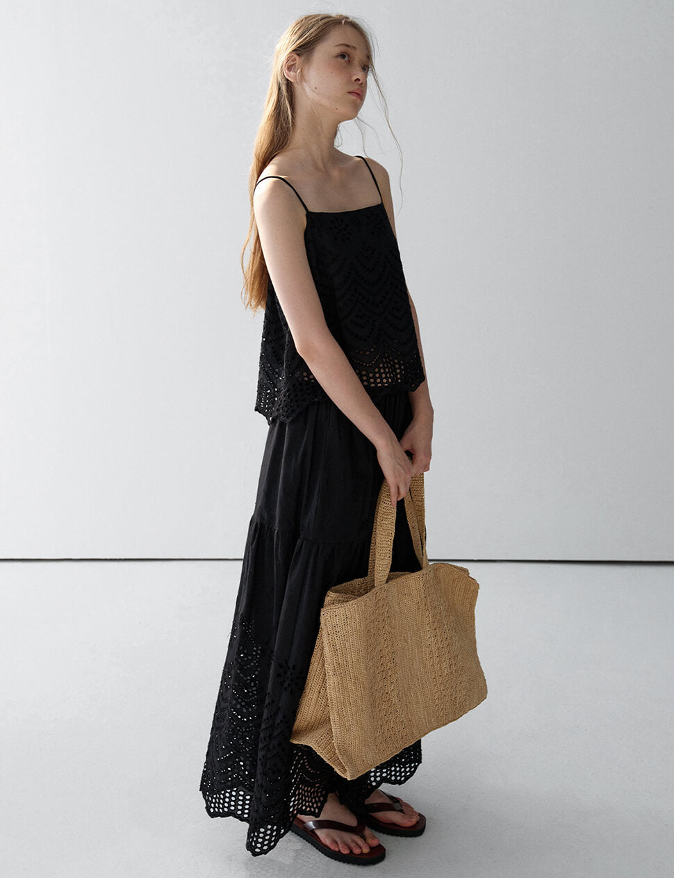 Black Cotton Eyelet Midi Skirt