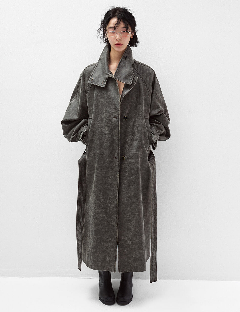 Charcoal Distressed Leather Trench