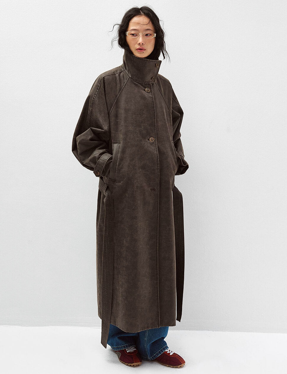 Dark Brown Distressed Leather Trench-PREORDER