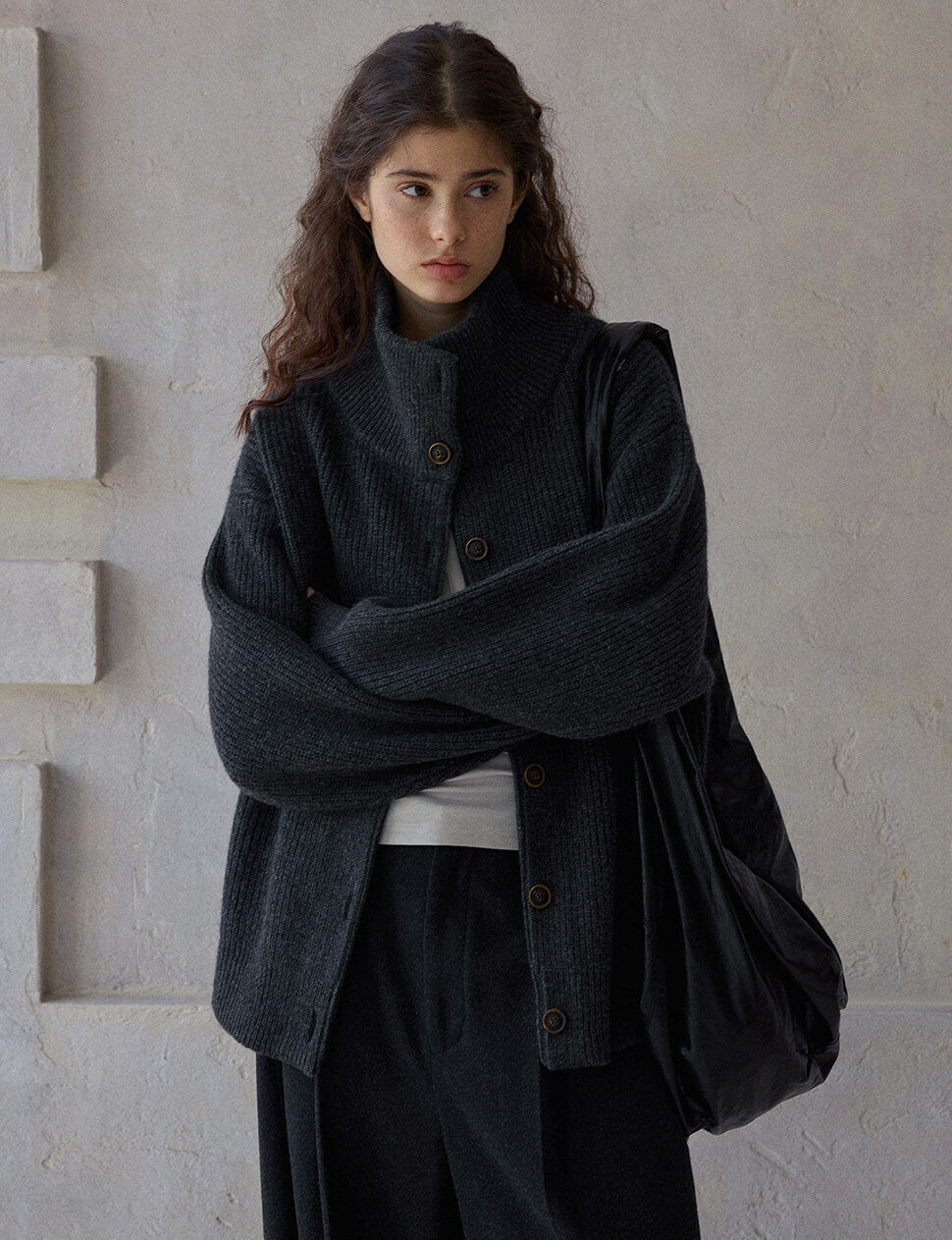 Charcoal Funnel Neck Cardigan -PREORDER