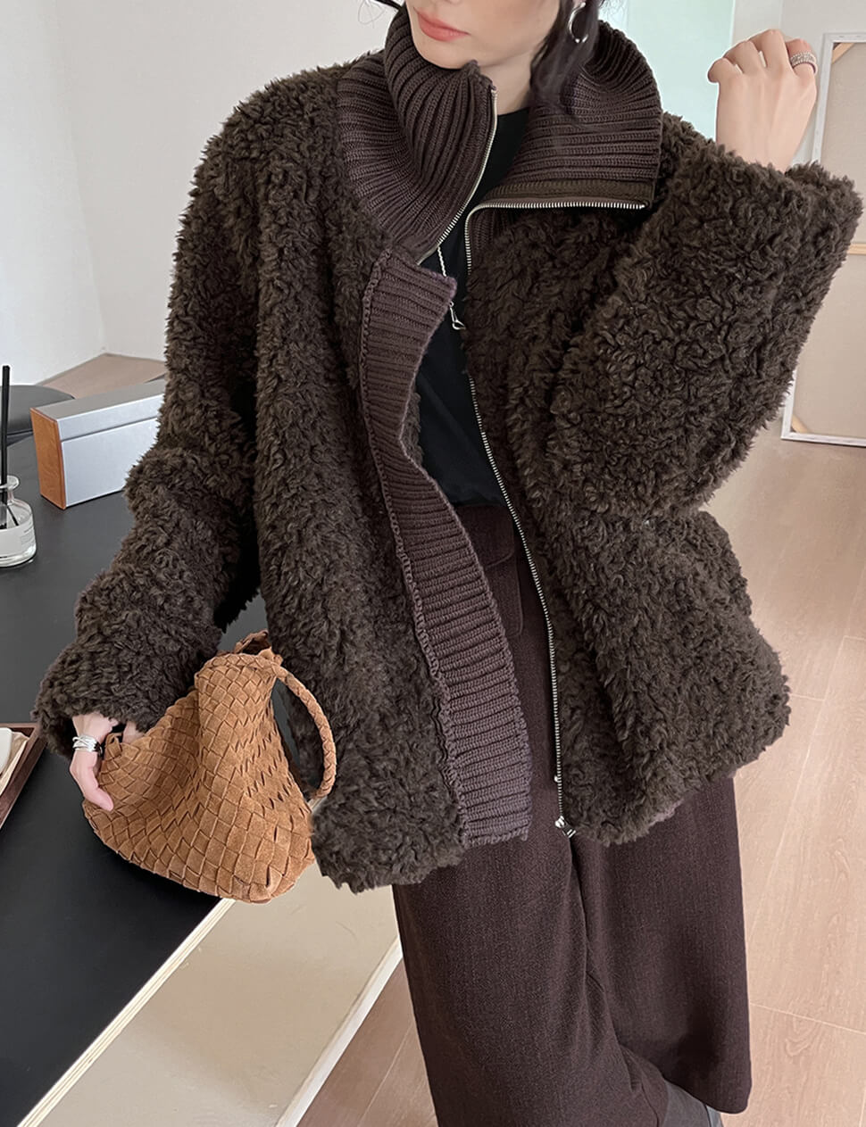 Brown Fur Knit Zip Jacket- PREORDER