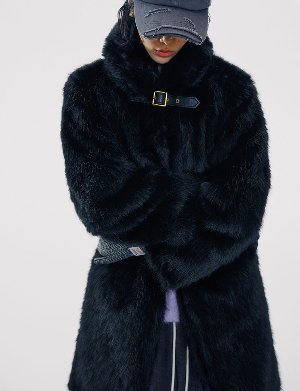 Black Buckled Neck Fur Coat -PREORDER