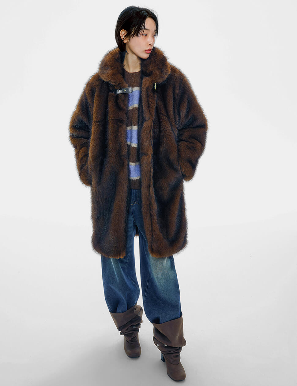 Brown Buckled Neck Fur Coat -PREORDER
